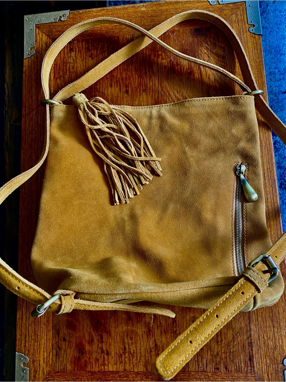 HOBO Genuine Suede Leather Convertible Crossbody Shoulder Bag Camel Boho Tassel